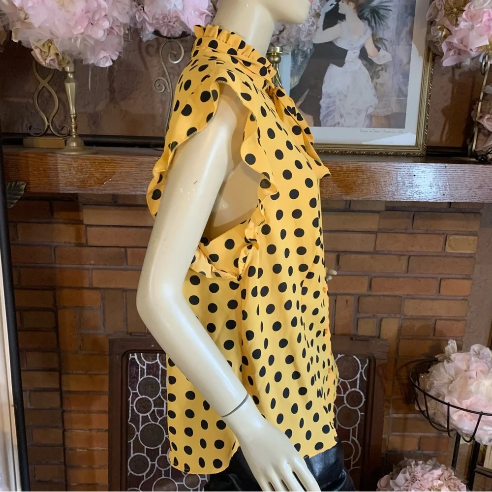 NEW YORK & COMPANY 7TH AVENUE DESIGN YELLOW & BLACK POLKA-DOT BLOUSE NWT (L) - Picture 3 of 12